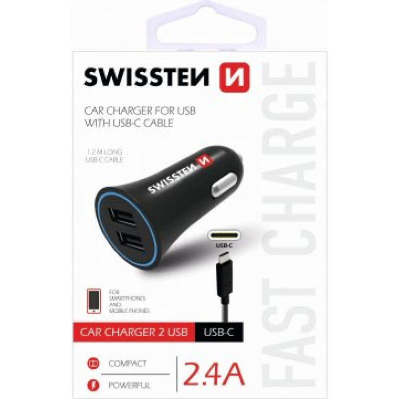 Swissten Premium Auto Lādētājs 12 | 24V | 1A + 2.1A + USB-C Datu Kabelis 100 cm Melns