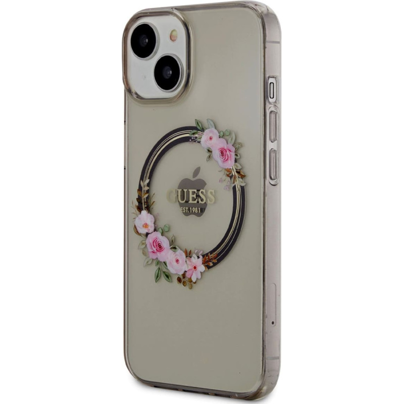 Guess PC|TPU Flowers Ring Glossy Logo MagSafe maciņš iPhone 14 melns