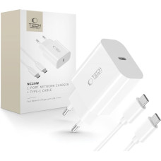 Tech-Protect USB-C sienas lādētājs ar USB-C PD 20W kabeli - balts