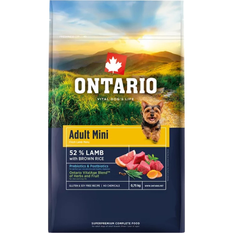 Ontario Sausa barība suņiem &ndash; Ontario Adult Mini, Lamb and Brown Rice, 0,75 kg