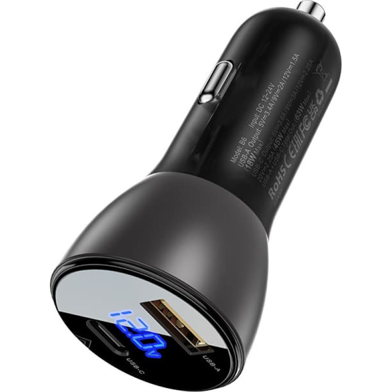 Acefast 63 W 12 V USB-C USB SFCP automašīnas lādētājs, melns