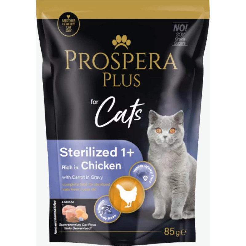 Prospera Plus Konservi kaķiem - Prospera Plus, Cat Pouch Sterilized 1+, Chicken and Carrot, 85 g