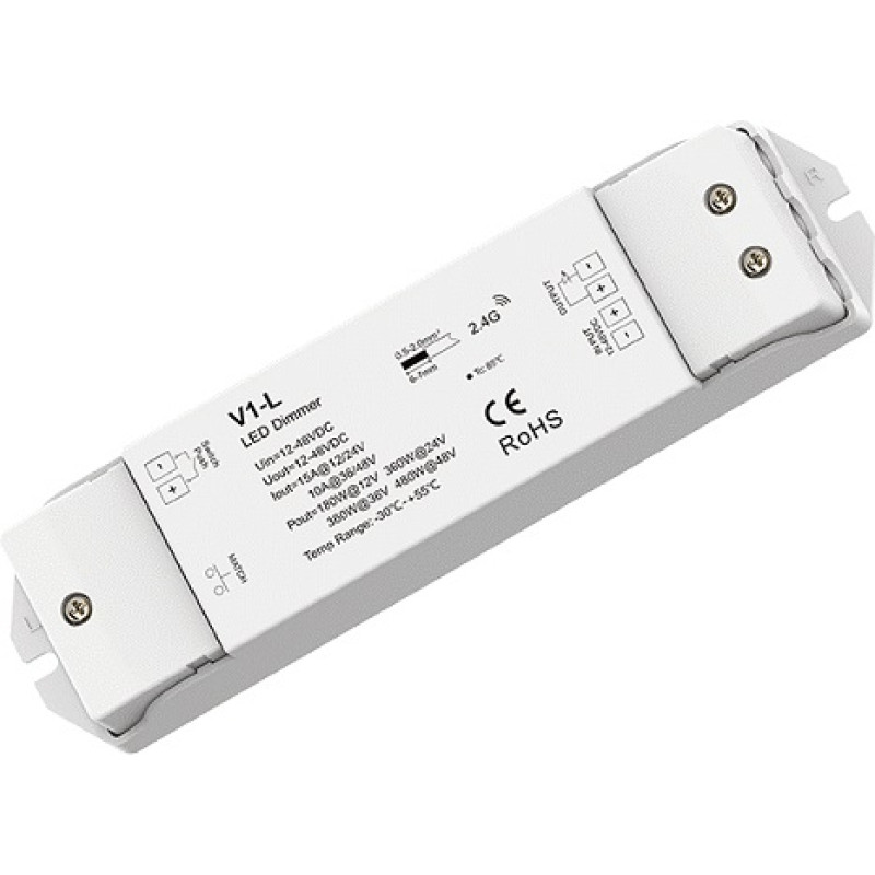 Skydance V1-L LED kontrolieris, 12&ndash;48 V, 1 x 15 A, ar Push-Dimm funkciju