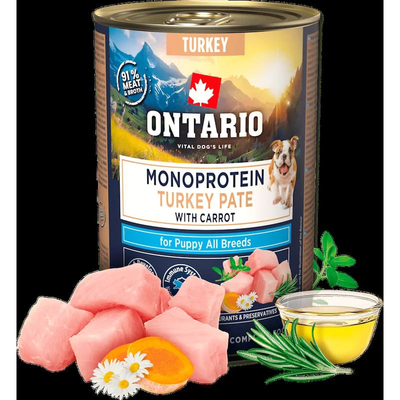 Ontario Konservi kucēniem - Ontario Puppy canned food, monoprotein turkey pāt&eacute; with carrots