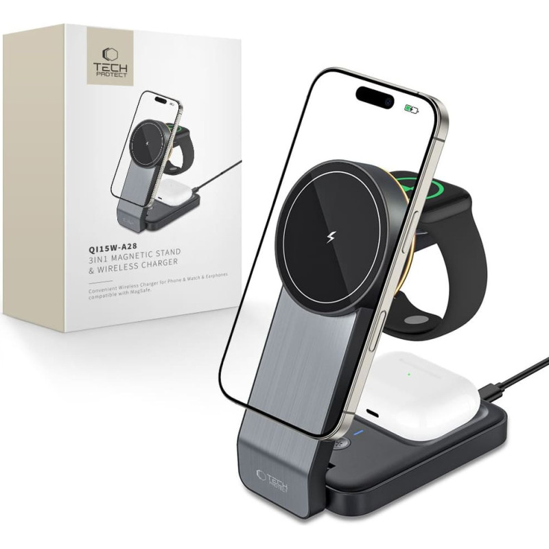 Tech-Protect 3-in-1 bezvadu lādētājs ar viedtālruņa statīvu Apple Watch AirPods MagSafe - melns