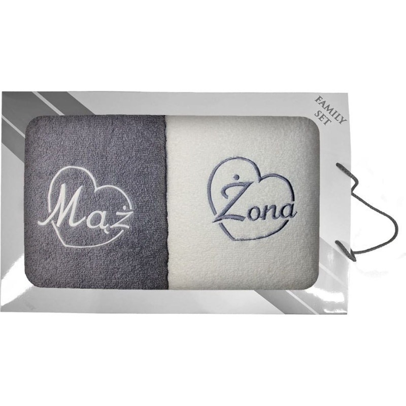 Dvieļu komplekts kastītē 2gab 70x140 Vīrs Sieva Sirds gaiši pelēks krēms