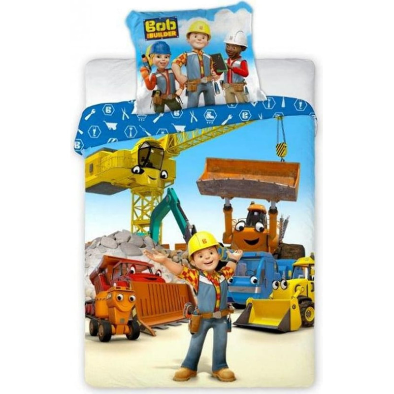 Kokvilnas gultas veļa 100x135 Bob The Builder ekskavators celtnis buldozers būvlaukuma gultas instrumenti 6615 spilvendrāna 40x60