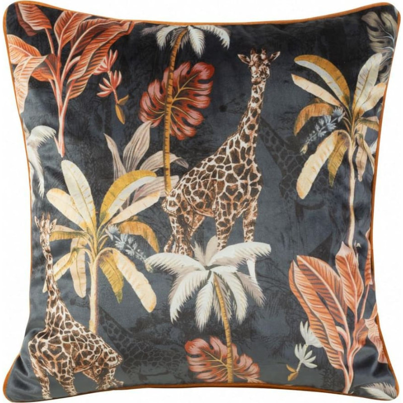 Dekoratīva spilvendrāna 45x45 samts 22 palmu lapas žirafes botānika melnais ingvera samts