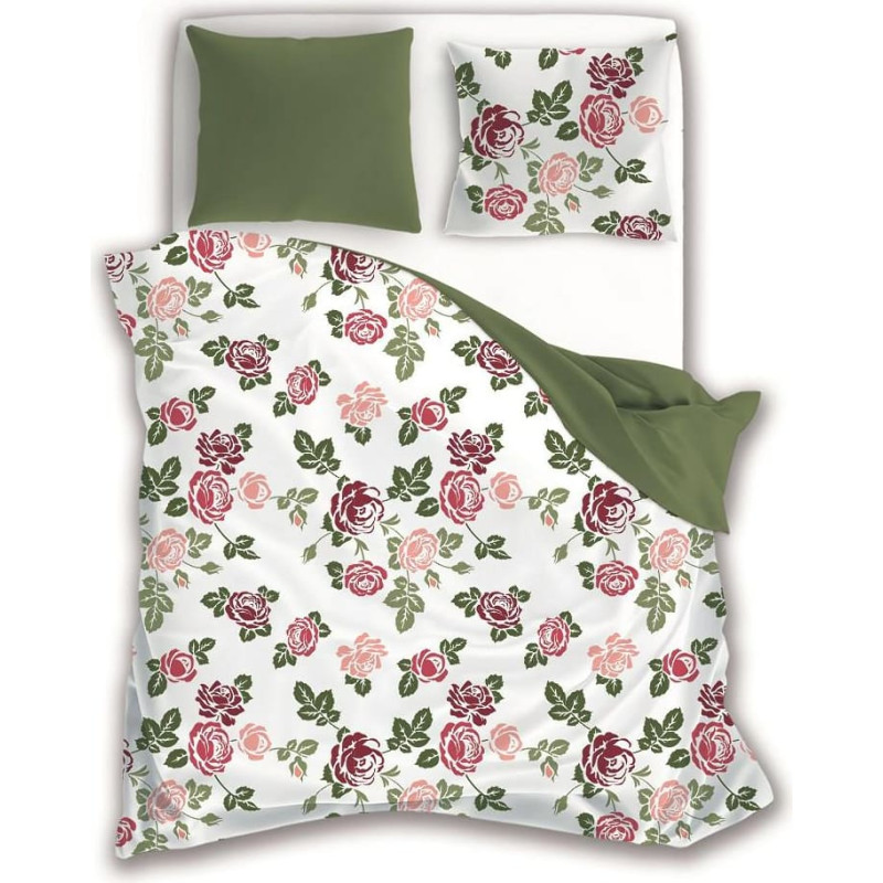 Kokvilnas gultas veļa 220x200 baltas zaļas rozes sarkanas rozā 008 Fashion 2 spilvendrānas 70x80