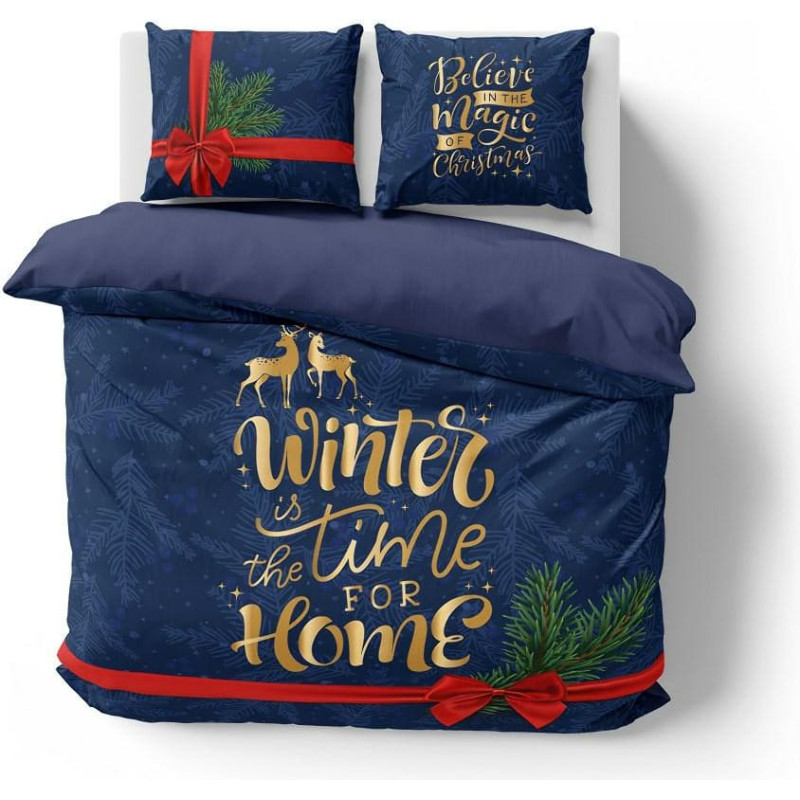 Ziemassvētku gultasveļa 160x200 4263 Tumši zila sarkana kokvilnas bantīte Holandes Ziemassvētki 2022