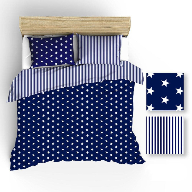 Kokvilnas gultas veļa 140x200 R006 balta tumši zila zvaigznīšu svītras 51N 52N