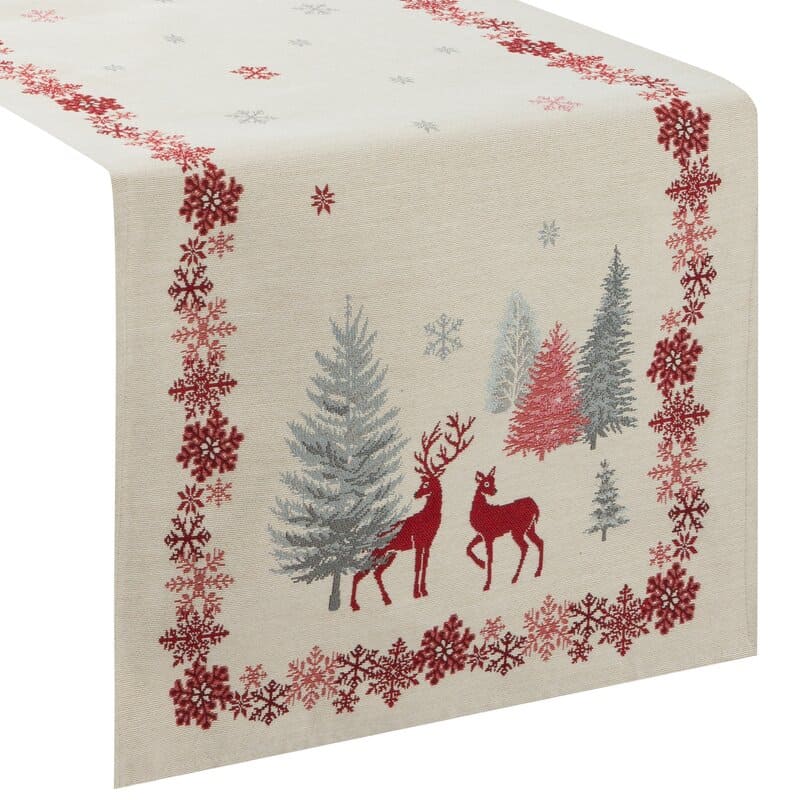 Galda celiņš 47x140 gobelēns svētku krēmkrāsas sarkanais ziemeļbriedis