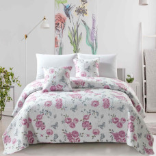 Dekoratīvs gultas pārklājs 240x220, balts ar rozā ziediem, stepēts Calmia