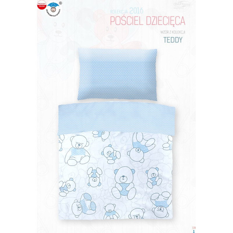 Kokvilnas gultas veļa 100x135 Teddy Bears zigzaga zila 4798 gultiņai