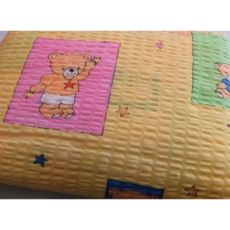 Mizas pakaiši 140x200 Lācīši, krāsaini kvadrātiņi, zvaigznes, pavadoņi uz dzeltena fona