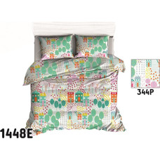 Kokvilnas gultas veļa 140x200 1448E balti pilsētas koki ēkas velosipēdi oranžs 344P