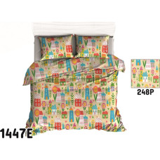 Kokvilnas gultasveļa 140x200 1447E krēmkrāsas mājiņas mājas ziedi ziedi 248P