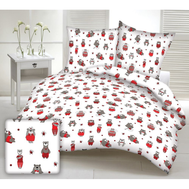 Kokvilnas gultasveļa 140x200 1533E balts rotaļu lācītis, gudrības, drēbes, sarkanās bites