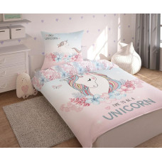 Kokvilnas gultasveļa 160x200 Unicorn Unicorn zirgu poniju ziedi gaiši rozā 7046