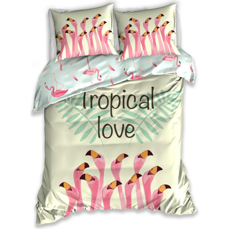 Kokvilnas gultasveļa 160x200 Flamingos Tropical Love palmu lapas 2781 abpusēja