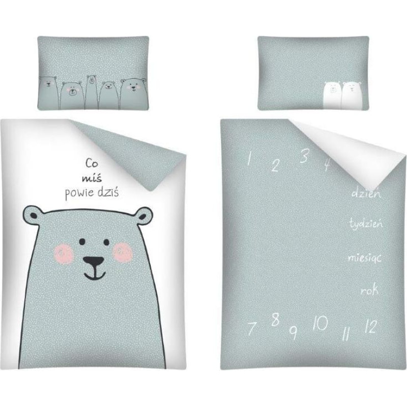 Kokvilnas gultasveļa 100x135 Lācītis 9781 Ko šodien teiks lācītis piparmētra tumši balts Lulumi 2931 B