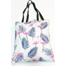 Kokvilnas iepirkumu maisiņš 37x38 1658E balts flamingo rozā palmu lapas tumši zilas