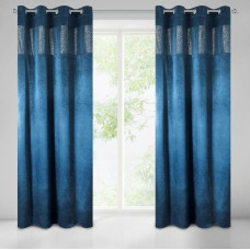 Gatavs aizkars ar cilpām 140x250 Gala tumši zils velūrs, dekorēts ar sudraba apdruku