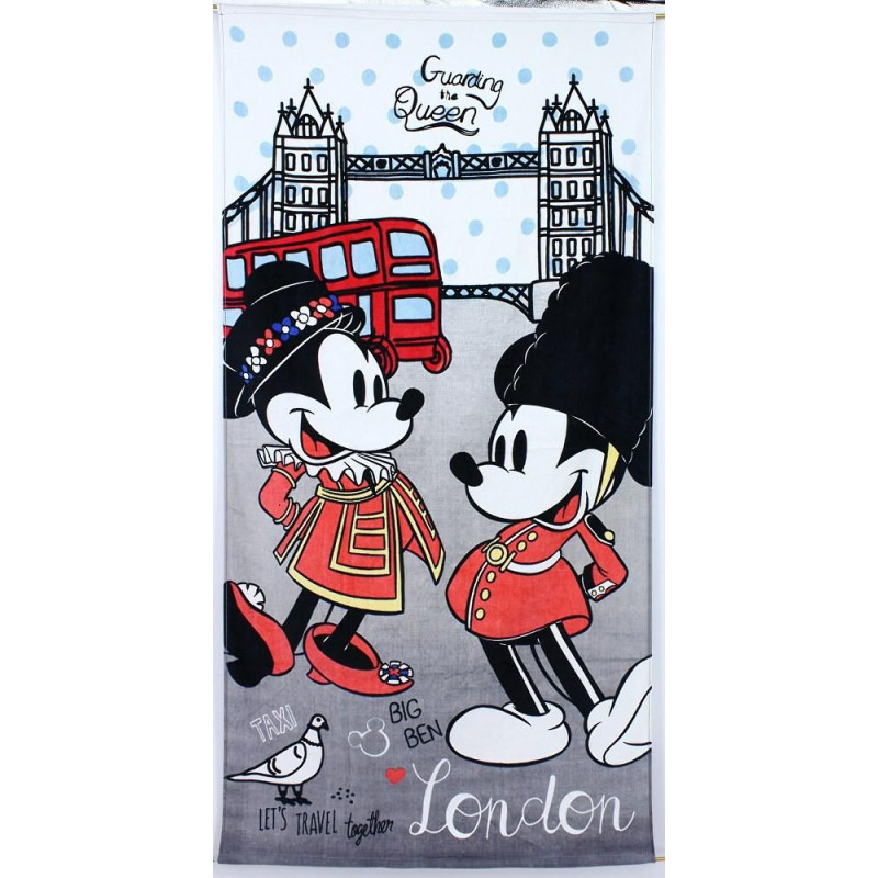 Pludmales dvielis 70x140 Mini un Mickey Mouse London Minnie Mickey Mouse Big Ben Myszki London sarkans bērnu autobuss 360g/m2 3514