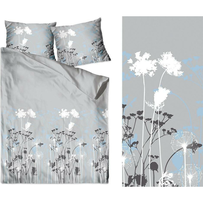 Satīna gultasveļa 220x200 Emotions pelēki balti zili savvaļas ziedi