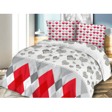Flaneļa gultas veļa 160x200 Sirsniņas baltas pelēkas sarkanas 31459/1 Valentīndienas ģeometrija