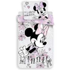 Kokvilnas gultas veļa 140x200 Mini Minnie Mouse ziedi pelēki rozā pelēka 3051 spilvendrāna 70x90