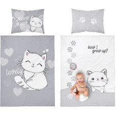 Kokvilnas gultasveļa 90x120 Kaķēni kaķēni kaķu sirdis sirsniņas ķepas pelēkas baltas 3158 A bērnu gultai 6085 spilvendrāna 40x60