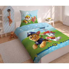 Kokvilnas pakaiši 140x200 Paw Patrol Paw Chase Rocky Skye Rubble Maršala suņi darbībā brigāde zili zaļa 3770