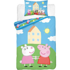 Kokvilnas gultas veļa 100x135 Peppa Pig house 8737 rozā zaļa zila spilvendrāna 40x60