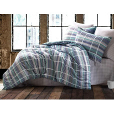 Satīna gultas veļa 160x200 Plaids zils rūtains zaļš tumši zils balts Ekskluzīvs