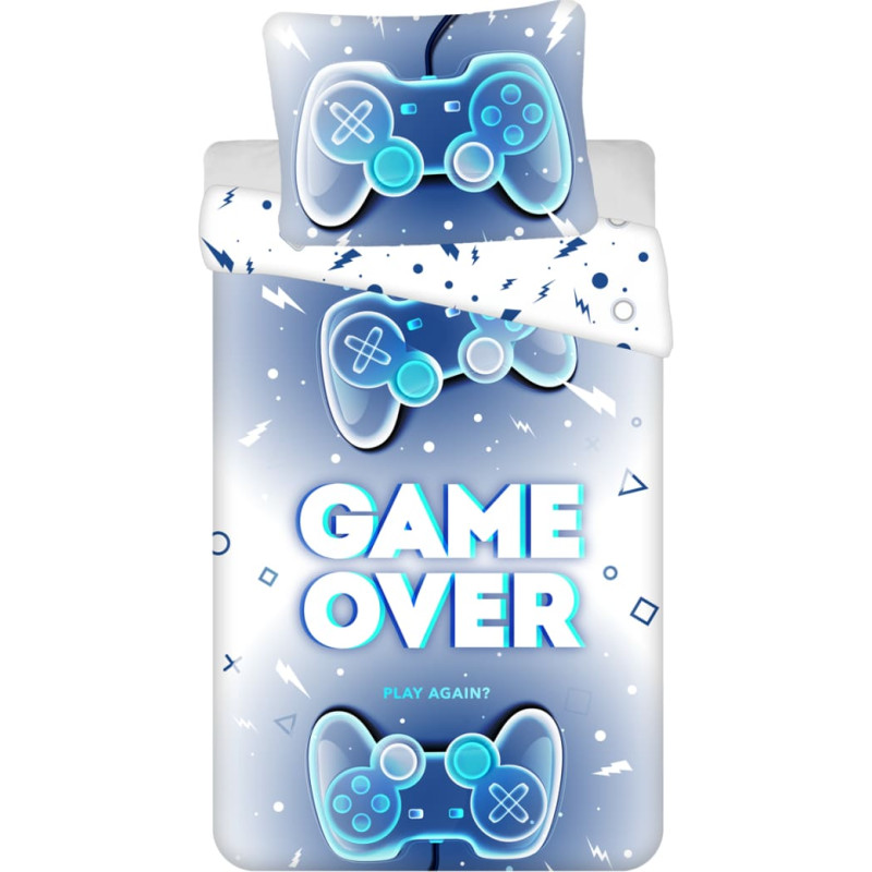 Kokvilnas gultas veļa 140x200 Game Over zili spilventiņi 0042 jauniešu spilvendrāna 70x90