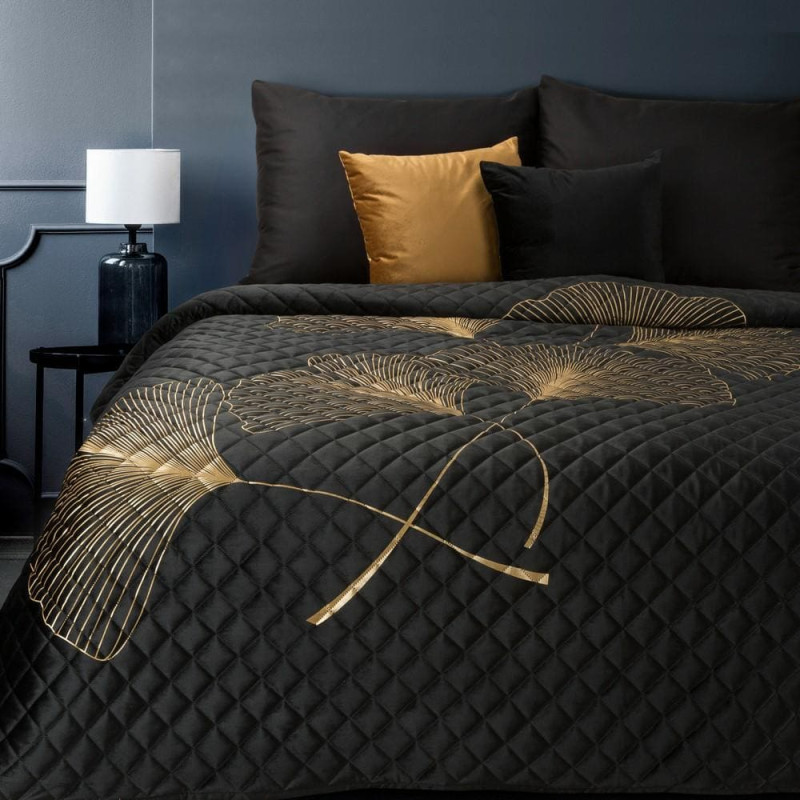 Dekoratīvais gultas pārklājs 220x240 Ginko 1 melna zelta samta ginkgo lapas