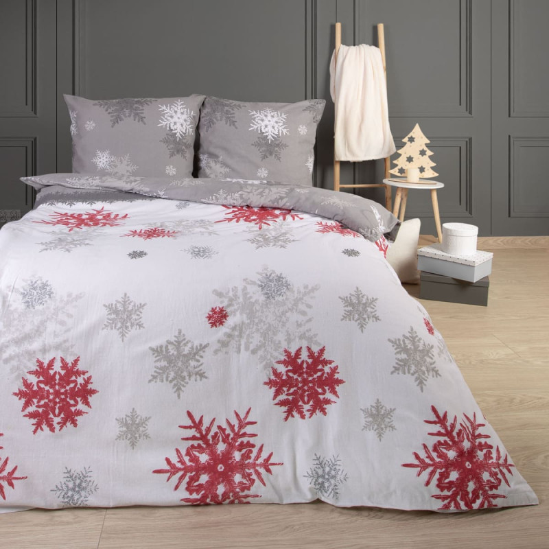 Flaneļa gultasveļa 180x200 Ziemassvētku baltas pelēkas sarkanas sniegpārslas 31495/2 Flanel 3