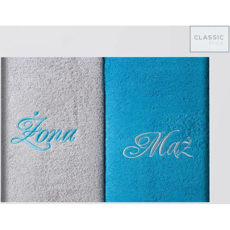 Dvieļu komplekts kastītē 2 gab 70x140 Vīrs Sieva tirkīza osis