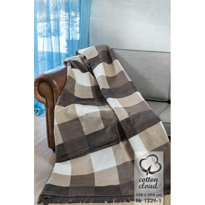 Akrila kokvilnas sega 150x200 1229/1 rūtaini bēši brūni ekri gultas pārklājs pleds