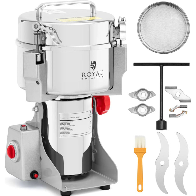 Royal Catering Profesionāla elektriskā dzirnaviņas gar&scaron;vielām, gar&scaron;augiem, kafijai, riekstiem, 2000 g, 3400 W