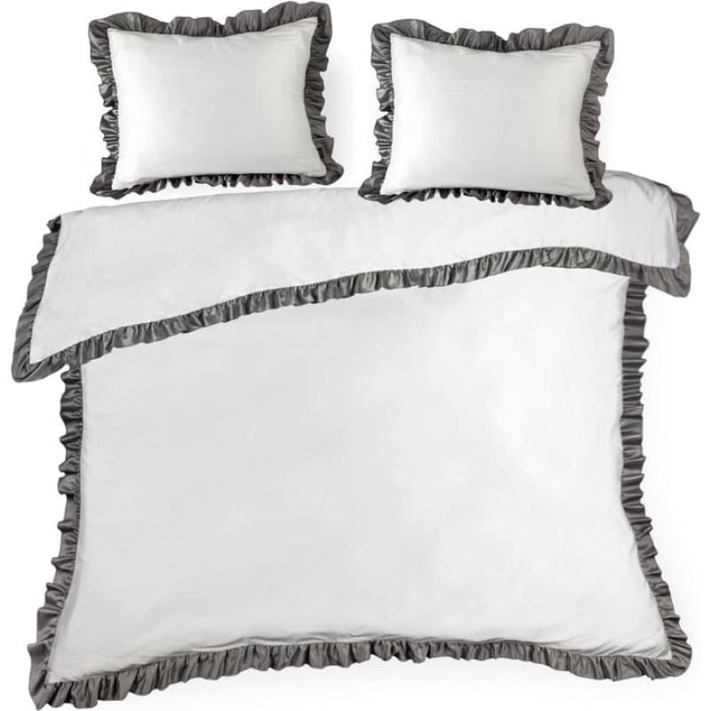 Satīna gultasveļa 220x200 Eliza balts tērauds, dekorēts ar volānu