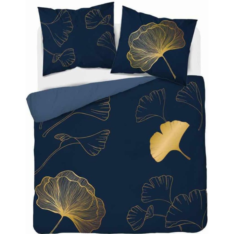 Kokvilnas gultasveļa 160x200 tumši zila zelta ginkgo lapas 4863 A Holland Home 73