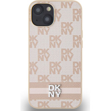 Dkny PU Leather Checkered Pattern and Stripe Case for iPhone 15 Pink