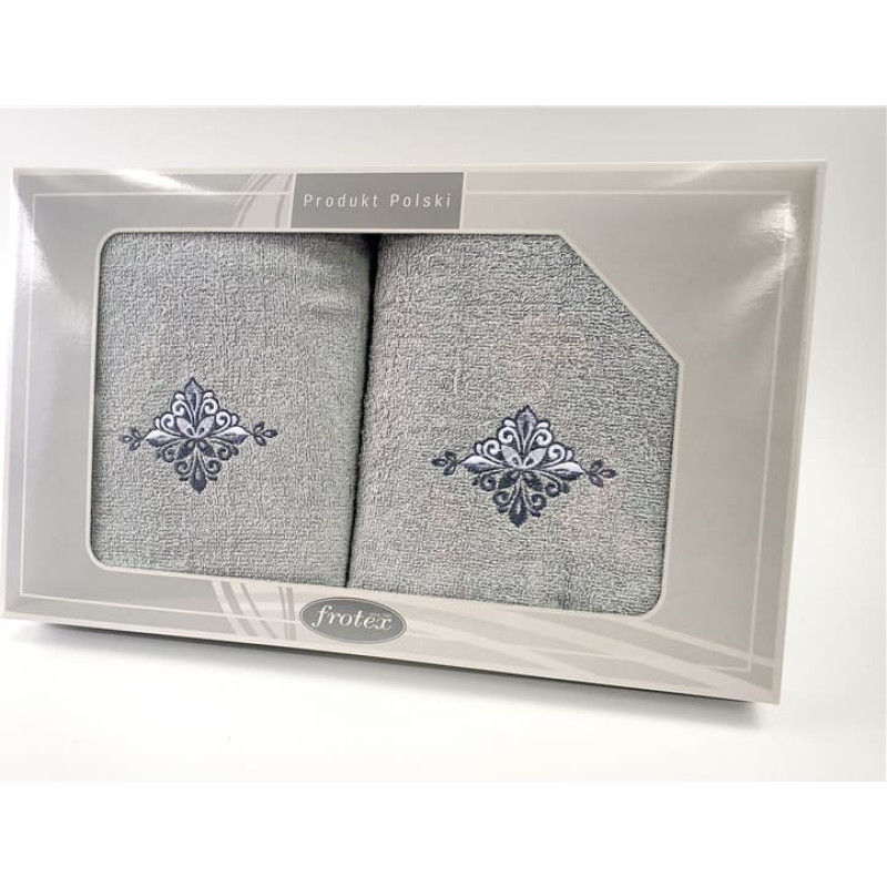 Dvieļu komplekts kastītē 2 gab 50x90 70x140 Dāvanu pelēks raksts 3 Frotex