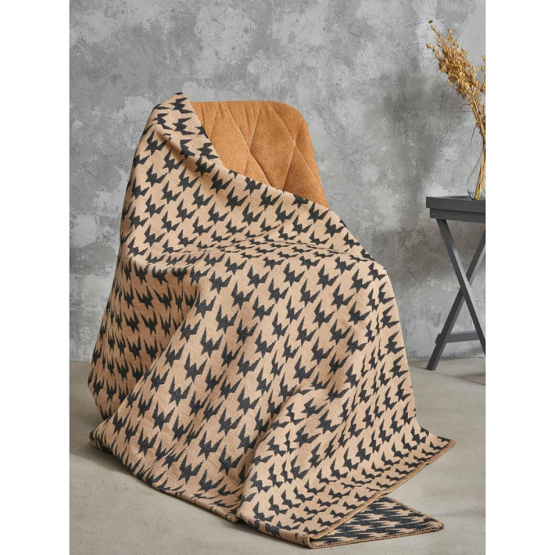 Unia - Cotton Cloud Akrila kokvilnas sega 165x200 2142-2P Houndstooth bēšs brūns gultas pārklājs, krāsots ar tamborējumu RAW