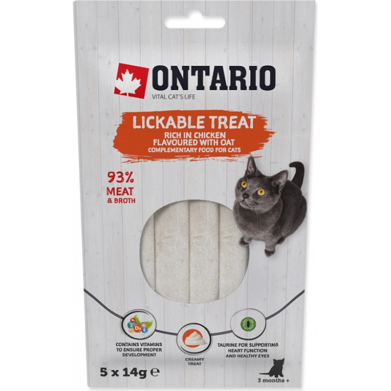 Ontario Gardums kaķiem – Ontario Lickable Treats Chicken Flavoured with Oat, 5 x 14 g