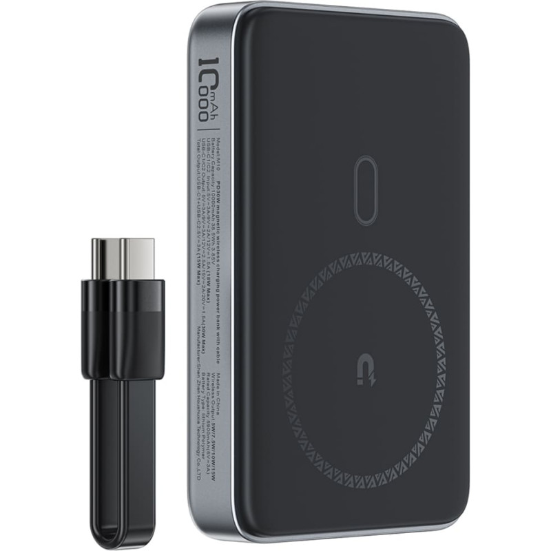 Acefast Powerbank magnētiskais 10000mAh induktīvā 2x USB-C PD 30W + USB-C kabelis - melns