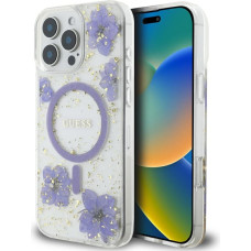 Case Guess Resin Flowers MagSafe for iPhone 16 Pro purple