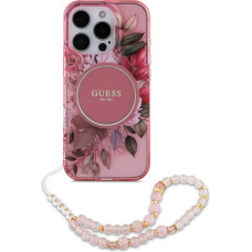Guess IML Flowers Pearl Strap MagSafe Case for iPhone 15 Pro Max Pink